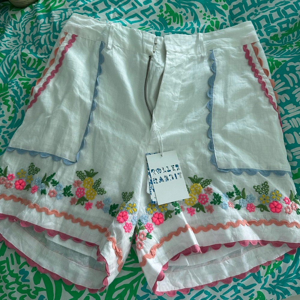 Roller Rabbit White Embroidered Floral Linen Shorts with Pink & Blue Trim
